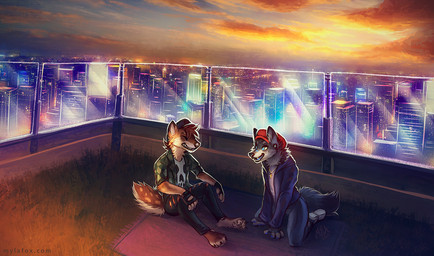 anthro blue_clothing blue_eyes blue_jacket blue_sky blue_tongue blue_topwear brown_body brown_fur brown_hair city clothed clothing cloud duo ear_piercing fangs fur gauged_ear glistening glistening_eyes green_clothing green_topwear grey_body grey_fur grin hair hat headgear headwear jacket jewelry kneeling male necklace open_mouth outside piercing red_clothing red_hat red_headwear sitting sky smile sunset teeth three-quarter_view tongue topwear white_body white_clothing white_fur white_topwear mylafox canid canine hyena mammal 2019 dated signature