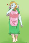 anthro apron biped blonde_hair bone_frill braided_hair breasts clothed clothed_anthro clothed_female clothing elbow_feathers eyebrows eyes_closed feathered_wings feathers female fingers frill_(anatomy) front_view green_background grey_body grey_feathers hair hand_on_cheek happy heart_symbol humanoid_hands long_hair mature_anthro mature_female non-mammal_breasts raised_inner_eyebrows simple_background smile solo standing text wide_hips wings hyuvevo cavemanon_studios snoot_game samantha_(snoot_game) prehistoric_species pterodactylus pterosaur reptile scalie 2025 absurd_res artist_name colored full-length_portrait hi_res portrait shaded