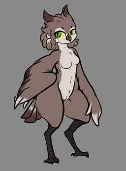 anthro beak belly braided_hair breasts brown_body brown_feathers brown_hair casual_nudity digitigrade feathered_tail feathered_wings feathers feet female genitals green_eyes hair markings nude nude_anthro nude_female small_breasts solo tail tail_feathers talons toes tuft vulva white_belly white_body white_feathers white_markings wings yellow_sclera botanics leslie_(botanics) avian bird owl hi_res