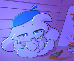 anthro balls blue_eyes bodily_fluids brush chest_tuft clothing cum ejaculation fur genital_fluids genitals hat hat_only head_tuft headgear headgear_only headwear headwear_only long_ears male masturbation mostly_nude paintbrush penis solo tapering_penis tuft white_body white_fur godforgiveme4 makemon ting_(makemon) tyng_(bayachao) tyng_(makemon) canid canine fennec_fox fox mammal true_fox hi_res