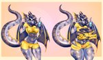 anthro breast_expansion breasts clothing expansion exposed_breasts genitals herm horn intersex scales simple_background solo tail thick_thighs thigh_expansion torn_clothing wings felicer mythology vi dragon mythological_creature mythological_scalie scalie absurd_res hi_res