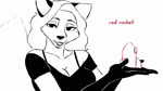 anthro breasts cleavage clothed clothing dialogue female humor pun rocket solo text visual_pun emmpyfour canid canine fox mammal 16:9 2024 2d_animation animated black_and_white english_text hi_res monochrome no_sound short_playtime spot_color webm widescreen