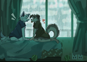 anthro ball bed blep clothed clothing detailed_background duo footwear furniture inside male raining shirt socks tennis_ball tongue tongue_out topwear mintcashew canid canine mammal absurd_res hi_res