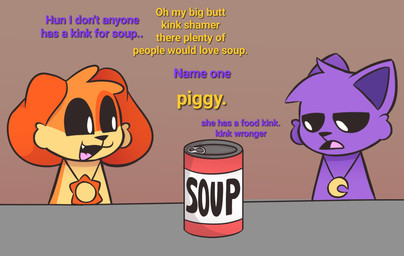 anthro black_sclera cheek_tuft dialogue duo facial_tuft food fur fur_tuft jewelry male multicolored_body multicolored_fur open_mouth open_smile orange_body orange_fur pendant pink_tongue purple_body purple_fur smile soup soup_can talking_to_another text tongue tuft white_eyes yellow_body yellow_fur tunemon mob_entertainment poppy_playtime smiling_critters catnap_(poppy_playtime) dogday_(poppy_playtime) canid canine canis domestic_cat domestic_dog felid feline felis mammal 2025 digital_media_(artwork) english_text hi_res translation_check translation_request