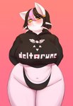 alternative_fashion anthro big_breasts black_hair breasts clothed clothing curvy_figure ear_piercing female fur goth hair highleg_bottomwear hoodie huge_breasts multicolored_hair piercing slightly_chubby slightly_chubby_anthro slightly_chubby_female solo standing sweater thick_thighs topwear two_tone_hair voluptuous whiskers white_body white_fur wide_hips yellow_sclera huwon deltarune undertale_(series) catti_(deltarune) domestic_cat felid feline felis mammal absurd_res digital_media_(artwork) hi_res