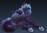 anthro anus blue_body blue_eyes breasts butt butt_grab detailed_pussy female genitals hand_on_butt looking_at_viewer lying nipples on_side paws presenting presenting_pussy pussy simple_background solo tail tongue tongue_out seraphimka_(artist) canid canine canis mammal wolf hi_res
