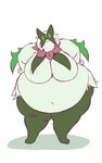 2024 5:8 anthro belly big_belly big_breasts breasts chubchubbyart domestic_cat felid feline felis female fur generation_9_pokemon green_body green_fur hi_res huge_belly larger_female looking_at_viewer mammal meowscarada nintendo obese overweight overweight_anthro overweight_female pink_nose pokemon pokemon_(species) red_eyes simple_background size_difference smile smiling_at_viewer solo standing thick_thighs