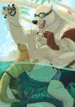 anthro bathing black_nose brown_body camera clothing detailed_background fur group humanoid_hands male outside slightly_chubby swimwear water white_body white_fur henjikotetsu bear canid canine canis domestic_dog mammal mustelid otter polar_bear ursine 2019 hi_res