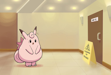 2_toes 3_fingers ambiguous_anthro ambiguous_gender anthro baseboard beady_eyes ceiling curled_tail dipstick_ears door door_handle ear_markings feet fingers fur head_tuft inside light lights multicolored_ears omorashi open_mouth out_of_order pink_body pink_fur potty_dance pseudo_wings shaking solo tail toes trembling tuft wall_(structure) wall_lighting wet_floor_sign wings yellow_wall selphy6 nintendo pokemon clefable generation_1_pokemon pokemon_(species) colored digital_drawing_(artwork) digital_media_(artwork) hi_res lighting shaded