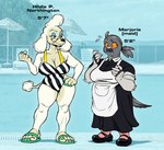 anthro beak breasts cleavage clothed clothing colored_nails duo eyewear female female/female maid_uniform nails one-piece_swimsuit orange_sclera photo_background poolside snout standing sunglasses swimwear uniform wide_eyed silverscarf hildie_northington marjorie_(silverscarf) avian bird canid canine canis columbid domestic_dog mammal pigeon poodle full-length_portrait photography_(artwork) portrait