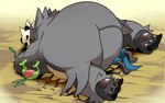 96_gatefield anthro belly big_belly butt claws feet generation_3_pokemon generation_4_pokemon generation_6_pokemon grovyle hi_res leaf lucario lying male nintendo on_front on_top overweight overweight_anthro overweight_male pangoro pawpads paws pinned_by_belly pokemon pokemon_(species) size_difference smaller_male smothering under_belly