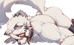 anthro collar fur lying male muscular muscular_anthro muscular_male nude red_eyes solo tail white_body white_fur white_tail tsundora13 tsundora4 mihoyo zenless_zone_zero von_lycaon canid canine mammal absurd_res hi_res