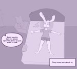 anthro bed bottomwear clothing dialogue female furniture grabbing_sheets hotpants lying offscreen_character on_back plushie ringing_phone shorts shoulder_strap shoulderless_shirt solo text wristband agidyne rose_(agidyne) lagomorph mammal english_text monochrome purple_and_white