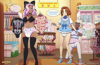 baby_mobile blue_clothing blue_diaper bottomwear bra brown_hair clean_diaper clothed clothing clothing_rack detailed_background diaper diaper_cover diaper_package diaper_under_clothing dress female group hair onesie pants pink_diaper pink_hair plushie shelf skirt store teddy_bear text trio underwear wearing_diaper white_hair kuma-dasai abuniverse alphagatorz bunnyhopps little_kings littlepawz peekabu calissa_(ursamajorbrat) bear mammal absurd_res english_text hi_res