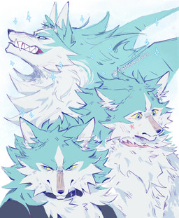 anthro black_nose fur male multicolored_body multicolored_fur teal_body teal_eyes teal_fur two_tone_body two_tone_fur white_body white_fur yellow_sclera catosauruus brand_new_animal studio_trigger shirou_ogami canid canine canis mammal wolf 2025 absurd_res colored hi_res