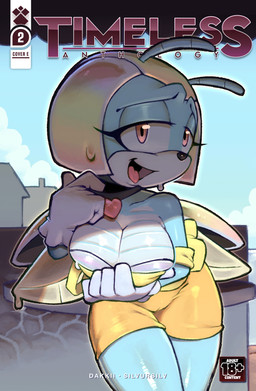 antennae_(anatomy) anthro big_breasts blue_body breasts camel_toe choker female heart_choker jewelry looking_at_viewer multicolored_body necklace open_mouth pink_eyes solo text two_tone_body white_body wings rikoandtako idw_publishing sega sonic_the_hedgehog_(comics) sonic_the_hedgehog_(idw) sonic_the_hedgehog_(series) jewel_the_beetle arthropod beetle insect 2026 absurd_res cover english_text hi_res