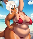 accessory anthro beach belly big_belly big_breasts bikini blonde_hair blue_eyes blue_sky breast_squish breasts claws clothed clothing day eyelashes eyewear female finger_claws fingers hair hair_accessory hairband hand_on_hip hand_on_own_hip huge_breasts huge_hips huge_thighs long_neck looking_at_viewer multicolored_body multicolored_scales orange_body orange_scales outside overweight overweight_anthro overweight_female photo_background red_bikini red_clothing red_swimwear scales sea seaside skimpy skimpy_bikini sky solo squish sunglasses swimwear tan_body tan_scales text thick_thighs two-piece_swimsuit two_tone_body two_tone_scales water wide_hipped_anthro wide_hipped_female wide_hips garavakarian cavemanon_studios snoot_game fan_character violet_(violetbrontosau) brontosaurus dinosaur diplodocid prehistoric_species reptile sauropod sauropodomorph scalie 2024 digital_drawing_(artwork) digital_media_(artwork) hi_res photography_(artwork)