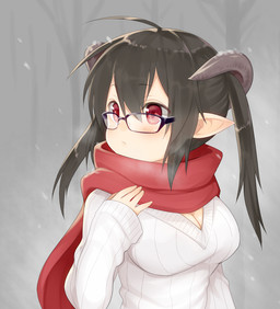 ahoge bangs black_eyewear black_glasses blush breasts cleavage clothed clothing eyewear female glasses grey_hair hair horn humanoid_pointy_ears light_body light_skin not_furry outside pigtails plant pointy_ears red_eyes red_scarf scarf snow solo sweater topwear tree white_clothing white_sweater white_topwear mofuaki horned_humanoid humanoid 2015