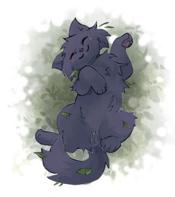 4_toes anus belly_fluff belly_nipples bird's-eye_view black_body black_fur blush blush_lines casual_nudity cheek_tuft chest_tuft clitoris eyes_closed facial_tuft feet female feral fluffy fluffy_tail fur genitals high-angle_view inner_ear_fluff leaves_on_body leaves_on_ground lying nipples on_back pawpads paws raised_paw smile solo spread_legs spreading stretching tail toes tuft vulva conditional_dnp waterthissport warriors_(book_series) hollyleaf_(warriors) domestic_cat felid feline felis mammal shaded