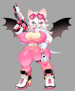 anthro big_breasts blush bodysuit breasts cleavage clothed clothing female laser_gun looking_at_viewer narrowed_eyes ranged_weapon skinsuit solo thick_thighs tight_clothing weapon wide_hips coffi_chaos fan_character bat mammal hi_res