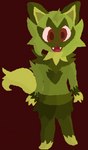 anthro anthrofied cheek_tuft facial_tuft fangs fluffy fluffy_tail fur green_body green_fur hair head_tuft male pokemorph red_eyes simple_background solo standing tail teeth tuft timelierg nintendo pokemon felid generation_9_pokemon mammal pokemon_(species) sprigatito