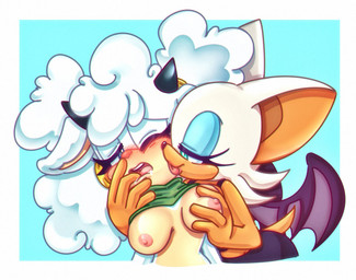 anthro areola bat_wings big_ears black_horn black_nose blue_background blue_eyes blue_eyeshadow blue_sclera border breast_grab breasts duo eyelashes eyeshadow face_lick female female/female front_view fur hand_in_mouth hand_on_breast head_tuft horn licking makeup membrane_(anatomy) membranous_wings nipples one_eye_closed open_mouth orange_body orange_fur pink_areola pink_nipples pink_nose purple_wings simple_background tan_body tan_fur tongue tongue_out tuft white_body white_border white_fur wings tsunderebolt idw_publishing sega sonic_the_hedgehog_(comics) sonic_the_hedgehog_(idw) sonic_the_hedgehog_(series) lanolin_the_sheep_(sonic) rouge_the_bat bat bovid caprine mammal sheep