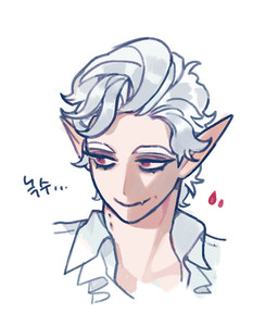clothing fangs frilly frilly_clothing hair humanoid_pointy_ears male not_furry pointy_ears red_eyes solo teeth text white_hair gotgamewhere baldur's_gate baldur's_gate_3 bioware dungeons_and_dragons electronic_arts hasbro larian_studios wizards_of_the_coast astarion_(baldur's_gate) elf humanoid vampire bust_portrait korean_text portrait