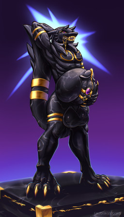 anthro balls belly big_balls big_belly bodily_fluids bracelet cum gem genital_fluids genitals gold_(metal) gold_bracelet gold_jewelry gold_tooth golden_claws hand_behind_head holding_belly inflated_belly jewelry liquid_gold male marble marble_floor markings muscular muscular_male penis sculpture smile smiling_at_viewer smirk smirking_at_viewer solo standing statue statuefication textured thick_penis tongue bakas0baka lootz sergal absurd_res hi_res