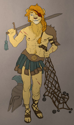anthro armor bare_legs bare_shoulders braided_hair clothing eye_patch eyewear footwear gladiator hair male melee_weapon sandals shoes smile solo sword warrior weapon lilrooster flamma_(lilrooster) felid lion mammal pantherine absurd_res hi_res