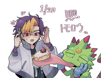 anthro birthday_cake cake dessert duo eyewear food glasses humor long_tongue male tongue 10ovo05 bandai_namco digimon digimon_beatbreak tomoro_tenma digimon_(species) gekkomon human mammal hi_res