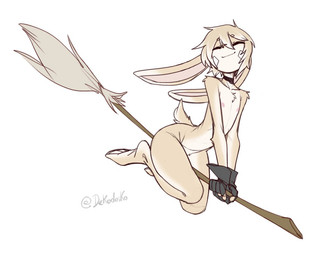 anthro broom broom_riding choker cleaning_tool clothing eyes_closed femboy fur gloves handwear jewelry male necklace scut_tail short_tail simple_background solo tail tan_body tan_fur white_background wide_hips yellow_body yellow_fur nekodoiko hare lagomorph leporid mammal