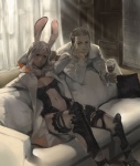 alcohol beverage clothed clothing duo female furniture glass holding_glass holding_object inside looking_at_viewer male skimpy sofa wine putoream final_fantasy final_fantasy_xii square_enix balthier fran_(final_fantasy) animal_humanoid human humanoid lagomorph lagomorph_humanoid mammal mammal_humanoid viera