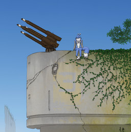 blue_body blue_fur blue_sky cannon female fur ivy_(plant) neck_tuft post-apocalyptic ranged_weapon ruins sitting sky solo tuft weapon white_body white_fur yellow_body yellow_fur justablank bandai_namco digimon kinetta_(justablank) digimon_(species) renamon 2026 absurd_res colored digital_drawing_(artwork) digital_media_(artwork) hi_res shaded signature