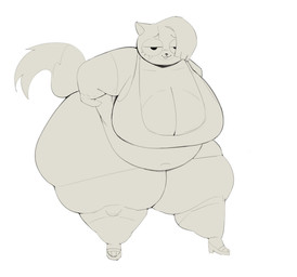 anthro belly big_breasts big_butt breasts butt cleavage clothed clothing eyelashes fat_arms fat_legs female half-closed_eyes hand_on_hip huge_breasts huge_butt narrowed_eyes overweight overweight_anthro overweight_female simple_background solo standing tail thick_thighs undercut white_background wide_hips kamisoriga adventure_time cartoon_network cake_the_cat domestic_cat felid feline felis mammal 2026 absurd_res hi_res monochrome
