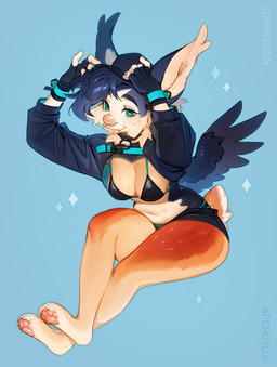 anthro back_wings barefoot beak big_breasts bikini blue_background blue_hair bottomwear breasts clothing collar crop_top cropped_jacket eyelashes feathered_wings feathers feet female fingerless_gloves fur gloves green_eyes hair handwear hat headgear headwear hotpants looking_at_viewer multicolored_body navel non-mammal_breasts non-mammal_navel orange_body paws shirt shorts simple_background slightly_chubby slightly_chubby_anthro slightly_chubby_female smile smiling_at_viewer solo swimwear tail thick_thighs topwear two-piece_swimsuit white_body white_fur wide_hips wings apchuyuji mythology inno-sjoa_(character) avian gryphon mythological_avian mythological_creature teacup_gryphon 2026 absurd_res digital_media_(artwork) hi_res