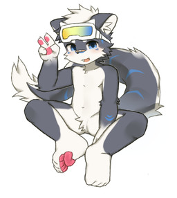 4_fingers 4_toes ambiguous_anthro ambiguous_gender anthro arm_tuft band-aid band-aid_on_face band-aid_on_nose bandage bandage_on_face bandage_on_nose bent_legs biped black_nose blue_eyes blue_markings blush cheek_tuft chest_tuft claws crotch_tuft cute_fangs elbow_tuft eyebrows eyewear eyewear_on_head eyewear_only facial_markings facial_tuft fangs featureless_chest featureless_crotch feet fingers fur gesture glistening glistening_eyes gloves_(marking) goggles goggles_on_head goggles_only grey_body grey_fur grey_tail hand_gesture head_markings hindpaw inner_ear_fluff kemono looking_at_viewer markings multicolored_body multicolored_fur multicolored_tail navel nude nude_ambiguous nude_anthro open_mouth pawpads paws pink_pawpads simple_background solo tail tail_markings tail_tuft teeth toes tuft v_sign white_background white_body white_eyebrows white_fur white_inner_ear_fluff white_tail young young_ambiguous young_anthro ka_kuwu ambiguous_species mammal 2025 digital_media_(artwork) hi_res