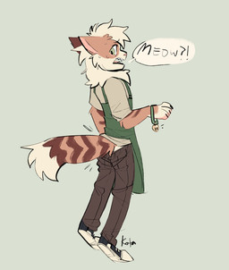 apron barista bell bell_wristband bodily_fluids clothed clothing digitigrade feral gesture looking_at_self looking_back loss_of_dexterity loss_of_speech male mane meowing mid_transformation open_mouth pawpads sharp_teeth shrinking simple_background size_transformation solo sweat tail tail_gesture teeth text transformation kotacat4 domestic_cat felid feline felis human mammal english_text hi_res signature