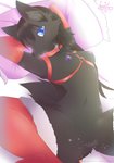 absurd_res anthro bed black_body black_hair blue_eyes bodily_fluids breasts canid canine canis christmas female furniture genital_fluids genitals hair hi_res holidays leokato mammal nipples pussy simple_background smile solo vaginal_fluids wolf