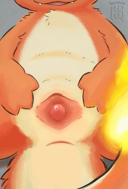 3_fingers animal_genitalia anus bodily_fluids chest_tuft cute_fangs fangs feral fingers fire flaming_tail fluffy genital_fluids genital_slit genitals glistening glistening_genitalia hand_on_belly horizontal_anus light logo male open_mouth penis penis_tip precum precum_bead presenting presenting_penis presenting_slit simple_background sketchy smile smirk solo spread_slit tail tapering_penis teeth tuft kemonymous nintendo pokemon slit_day charmander generation_1_pokemon pokemon_(species) artist_logo hi_res lighting