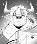 anthro clothing eyewear glasses hoodie horn male neck_tuft pecs shirt snow solo topwear tuft huto_futon lifewonders tokyo_afterschool_summoners bigfoot_(tas) bovid bovine cattle mammal absurd_res black_and_white bust_portrait hi_res monochrome portrait