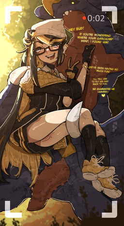 animal_genitalia blush camera_hud clothed clothing dialogue duo eyewear female footwear genitals gesture glasses hand_gesture jacket lifted lifting_another looking_at_viewer male male/female no_underwear outside penis rectangular_glasses shoes smile socks talking_to_viewer text topwear v_sign vulva shuuko nintendo pokemon fan_character garchomp generation_4_pokemon human humanoid mammal pokemon_(species) absurd_res english_text hi_res