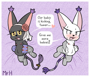 anthro belly big_belly black_body black_fur blush border both_pregnant breasts bridal_lingerie claws clothing dialogue duo eyelashes female fur genitals gloves hand_on_belly handwear jewelry legwear lingerie looking_at_viewer multiple_pregnancies nipples nude open_mouth paws pregnant pregnant_anthro pregnant_female ring simple_background small_breasts smile tail text vulva wedding_veil white_body white_border white_fur mr_harinezumi bandai_namco digimon bianc_(el_senor_erizo) nera_(el_senor_erizo) blackgatomon digimon_(species) felid feline gatomon mammal english_text hi_res