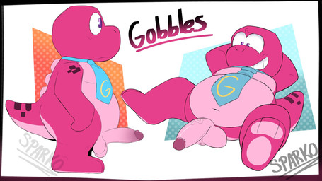 accessory anthro balls belly biped erection genitals male moobs necktie penis pink_body slightly_chubby solo standing sparko_va gameoverse glitch_productions gobbles_(gameoverse) dinosaur prehistoric_species reptile scalie 2026 hi_res