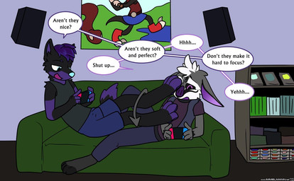 anthro black_body black_fur blue_eyes blue_nose bulge bullying clothed clothing cosmic_hair dipstick_tail duo electronics ethereal_hair feet foot_fetish foot_play fur furniture game_console gaming glowing glowing_nose grey_body grey_fur hair happy living_room lying male male/male markings multicolored_body paws purple_body purple_fur purple_hair purple_mouth smug sofa switch_console tail tail_markings text two_tone_body nx-42 nintendo nintendo_switch db_mistery kitsunaki bat canid canine fox mammal 2022 colored english_text full-length_portrait portrait shaded