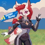 anthro band-aid band-aid_on_face bandage bandage_on_face breasts clothed clothing female fully_clothed grass medium_breasts open_mouth outside pink_eyes plant solo tdc_charge epic_games fortnite kimiko_five-tails canid canine fox mammal 1:1 hi_res