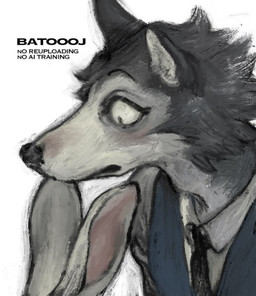 anthro clothing duo female male necktie school_uniform simple_background snout solo_focus uniform white_background batooo_j beastars haru_(beastars) legoshi_(beastars) canid canine canis lagomorph leporid mammal rabbit wolf