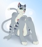 anthro cheek_tuft claws facial_tuft female fur genitals green_eyes grey_body grey_fur long_tail nipple_dip nipples nude paws pussy sitting smile solo stripes tail tuft ququqee399e brawlhalla asuri_(brawlhalla) felid feline lynx mammal absurd_res hi_res