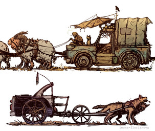 ambiguous_gender feral group harness horn outside post-apocalyptic side_view simple_background snout tail text vehicle wagon wheel white_background leona-florianova fallout microsoft bighorner_(fallout) humanoid night_stalker_(fallout) artist_name english_description
