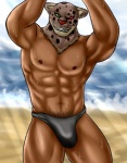 abs beach biceps big_muscles bodily_fluids bulge clothed clothing detailed_background eye_scar facial_scar for_a_head heterochromia looking_at_viewer luchador male mask muscular muscular_male nipples outside pecs sand scar sea seaside sky solo speedo sweat swimwear topless water wrestler eurobeat tekken armor_king animal_head animal_humanoid felid humanoid jaguar leopard mammal pantherine