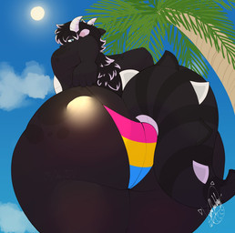 2_horns 5_fingers anthro arms_bent bangs big_butt black_body black_hair black_scales black_spines black_tail blue_eyes blue_sky butt butt_focus clothed clothed_anthro clothed_male clothing clothing_pull cloud curvy_figure day ear_piercing ear_ring fingers grey_inner_ear hair half-closed_eyes horn huge_butt lgbt_pride light long_hair looking_down low-angle_view male male_anthro markings multicolored_body multicolored_clothing multicolored_scales multicolored_tail multicolored_thong multicolored_underwear narrowed_eyes outside palm_tree pansexual_pride_colors piercing pink_clothing pink_thong pink_underwear plant pride_color_thong pride_colors ring_piercing scales sky solo spots spotted_body spotted_scales standing striped_markings striped_tail stripes summer sun tail tail_markings thick_thighs thong thong_pull tree underwear underwear_pull white_body white_horn white_scales white_spines white_tail wide_hipped_anthro wide_hipped_male wide_hips lyratrchubby mythology kerto_(droopyderg) dragon mythological_creature mythological_scalie scalie 2024 colored digital_drawing_(artwork) digital_media_(artwork) english_description hi_res lighting portrait shaded signature three-quarter_portrait